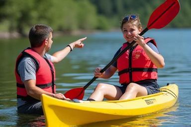 Certified instructor helping a beginner kayaker learn paddle strokes